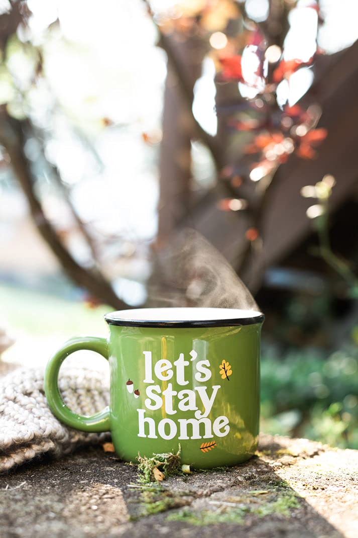 Pearhead Lets Stay Home Ceramic Mug, Autumn Accessories, Fall Holiday Kitchen Decor, Coffee or Tea Cup, Green, 15oz