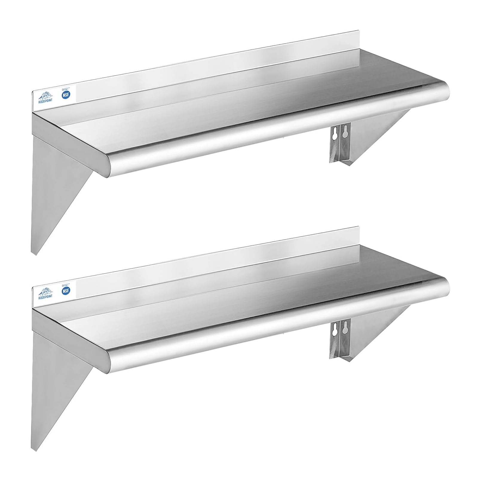 ROCKPOINT Stainless Steel Shelf 10 x 48 Inches 280lb, 2 Pack NSF Metal Commercial Shelves Wall Mount Floating Shelving with Back