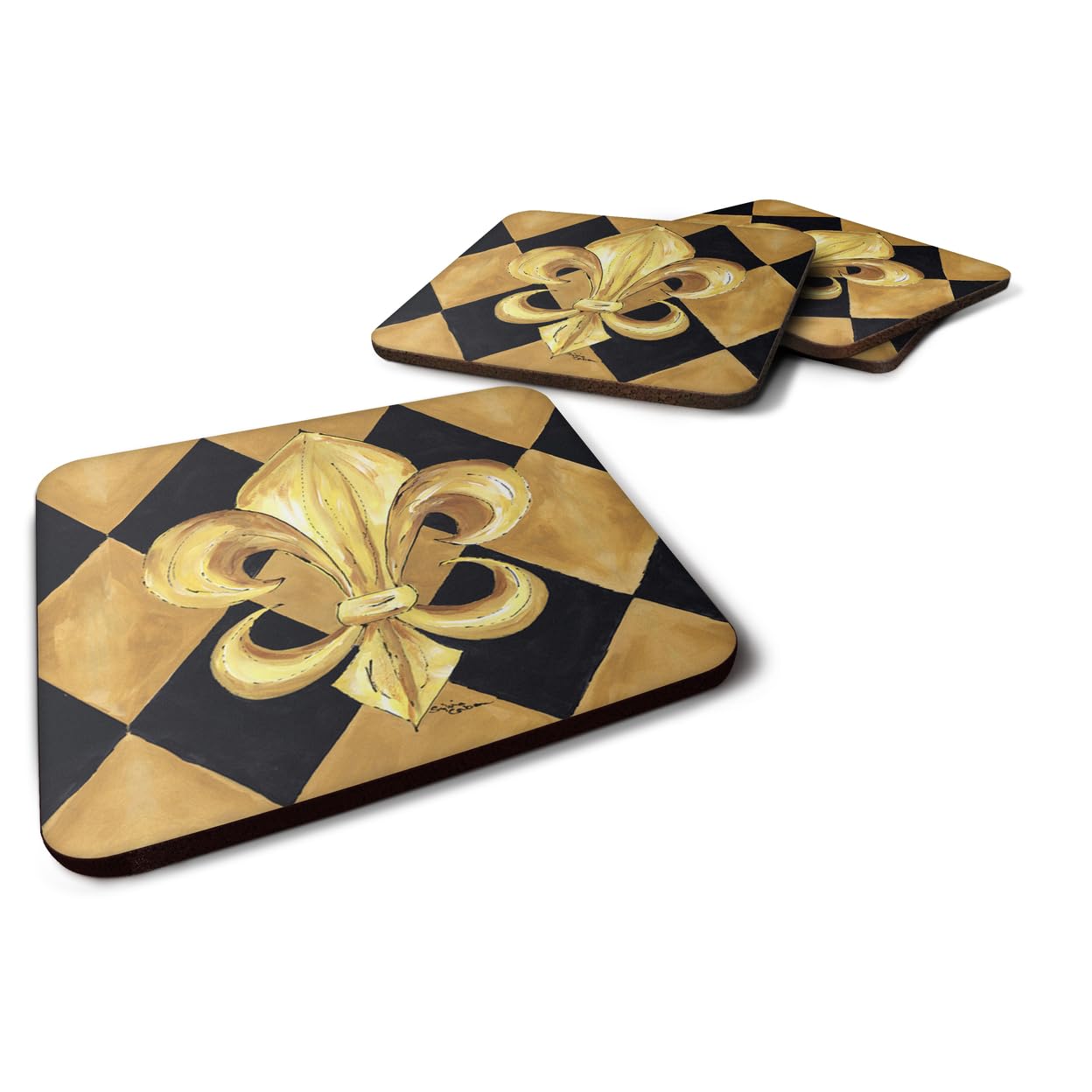 Carolines Treasures Black and Gold Fleur de lis New Orleans Foam Coasters (Set of 4), 3.5 H x 3.5 W, Multicolor