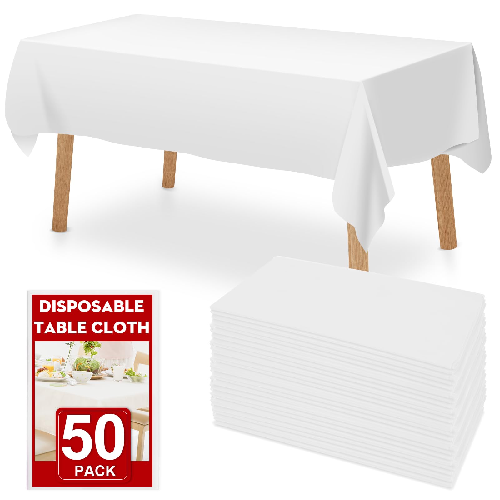 RowinsyDD 50 Pack White Plastic Table Cloths Disposable, 54 x 108 Inches Plastic Table Cover for Rectangle Tables, Disposable Ta