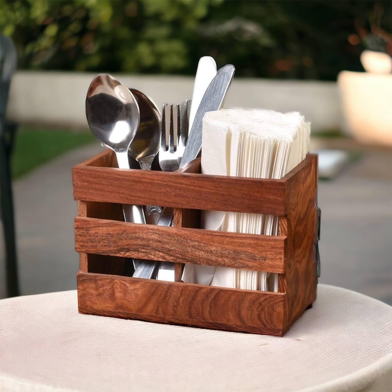 Craftize Mstore Wooden Cutlery Spoon Holder Rack For Kitchen | Medium 6X3.5X4.5 Inches | Brown Wood Organizer Stand, Cutlery Sta
