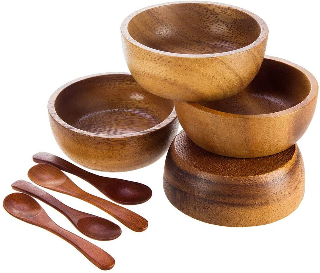 Miniature Doll Size Tiny 2'' Dia Acacia Calabash Wood Bowl For Condiments, Dip Sauce, Nuts, Ketchup, Jam, Herb, Prep, Olive, Sal
