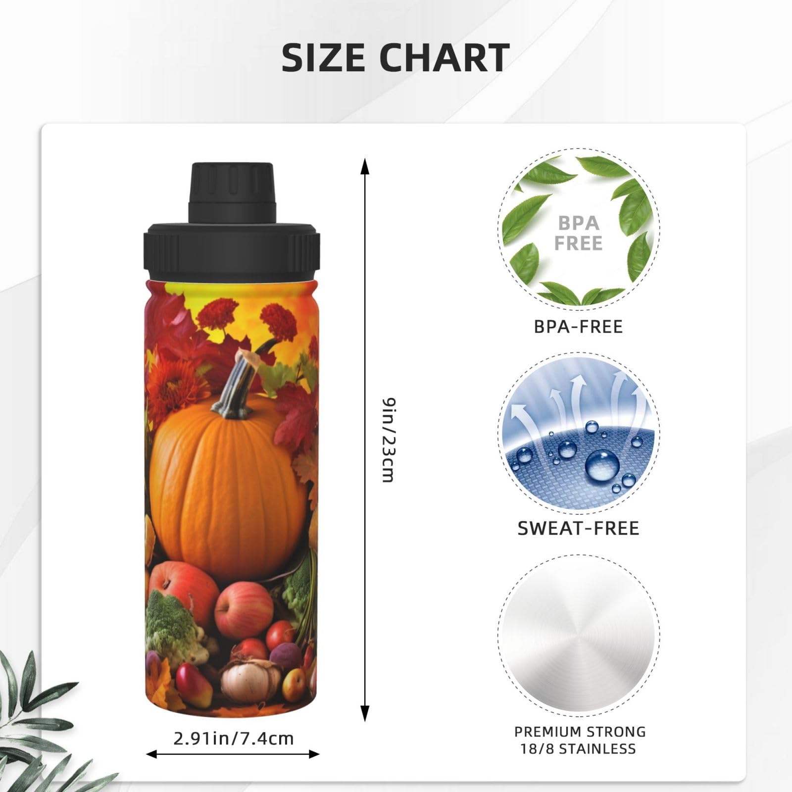 SHIRMDIY Fruit Pumpkin Harvest 18 oz Stainless Steel Water Bottles Insulated Sports Water Bottle with Spout Lid, Thanksgiving Su