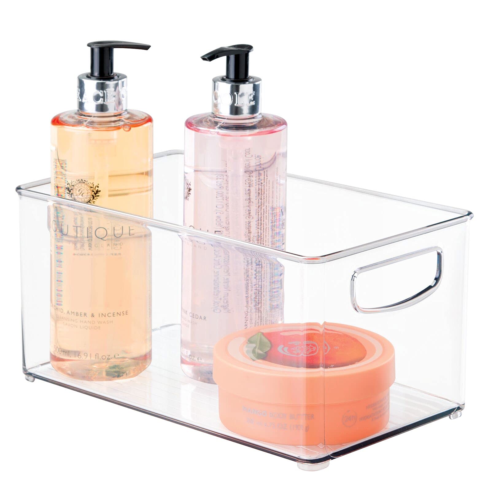mDesign Plastic Storage Organizer Wide Container Bin with Handles for Bathroom  Home Organization - Holds Vitamins  Supplements  Makeup  Styling Tools - Ligne Collection - Clear