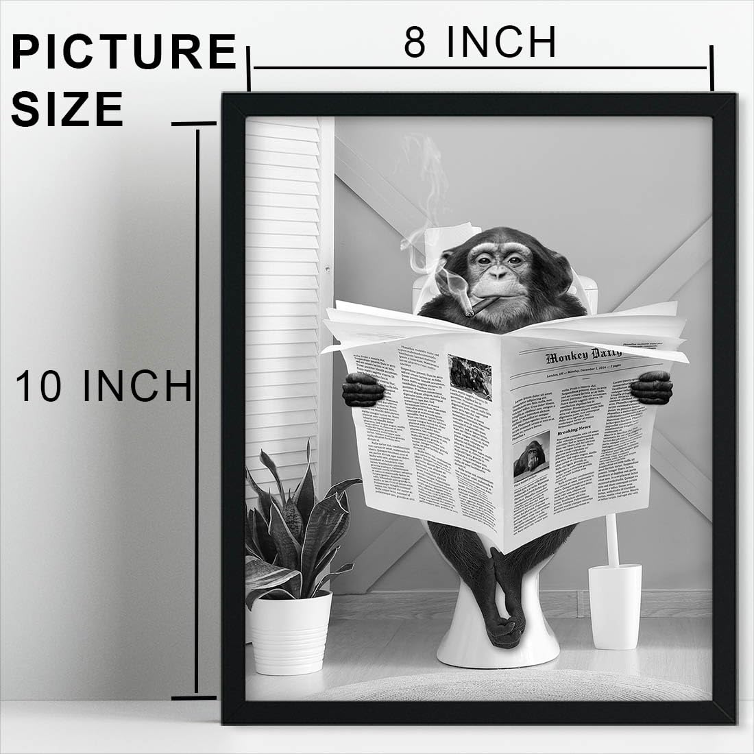 Biufo Monkey On Toilet Framed Canvas Wall Art Print Animal Poster Decor For Bedroom Bathroom (8''X10'')