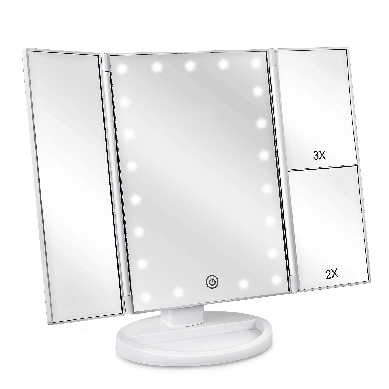 Deweisn Floor Mount Tri-Fold Lighted Vanity Mirror With 21 Led Lights, Touch Screen And 3X/2X/1X Magnification, Two Power Supply