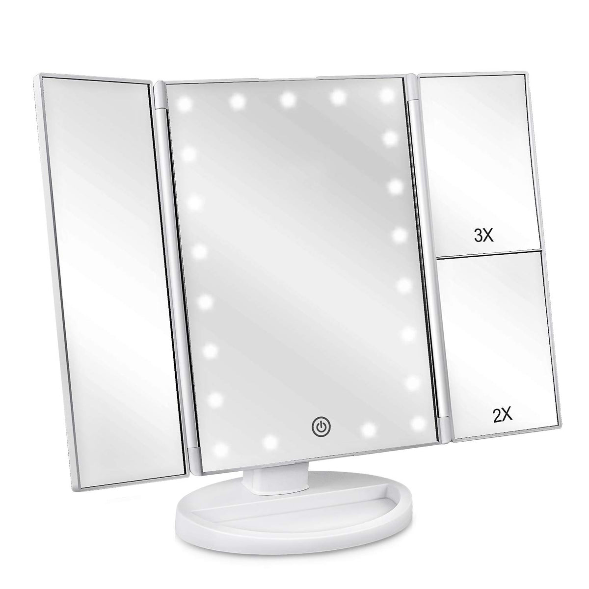 Deweisn Floor Mount Tri-Fold Lighted Vanity Mirror With 21 Led Lights, Touch Screen And 3X/2X/1X Magnification, Two Power Supply
