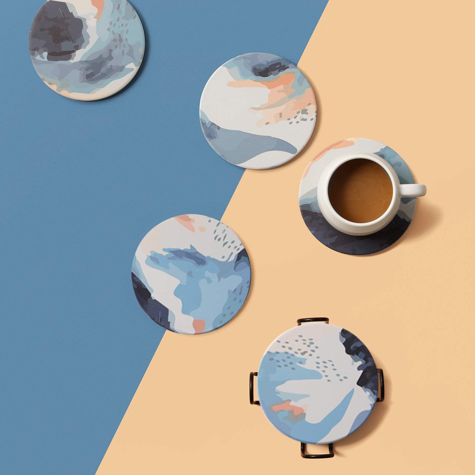 Lifver Absorbent Drink Coasters With Holder, Set Of 6 Ceramic Coasters Set With Cork Base, For Kinds Of Drinking Glasses, 4 Inch