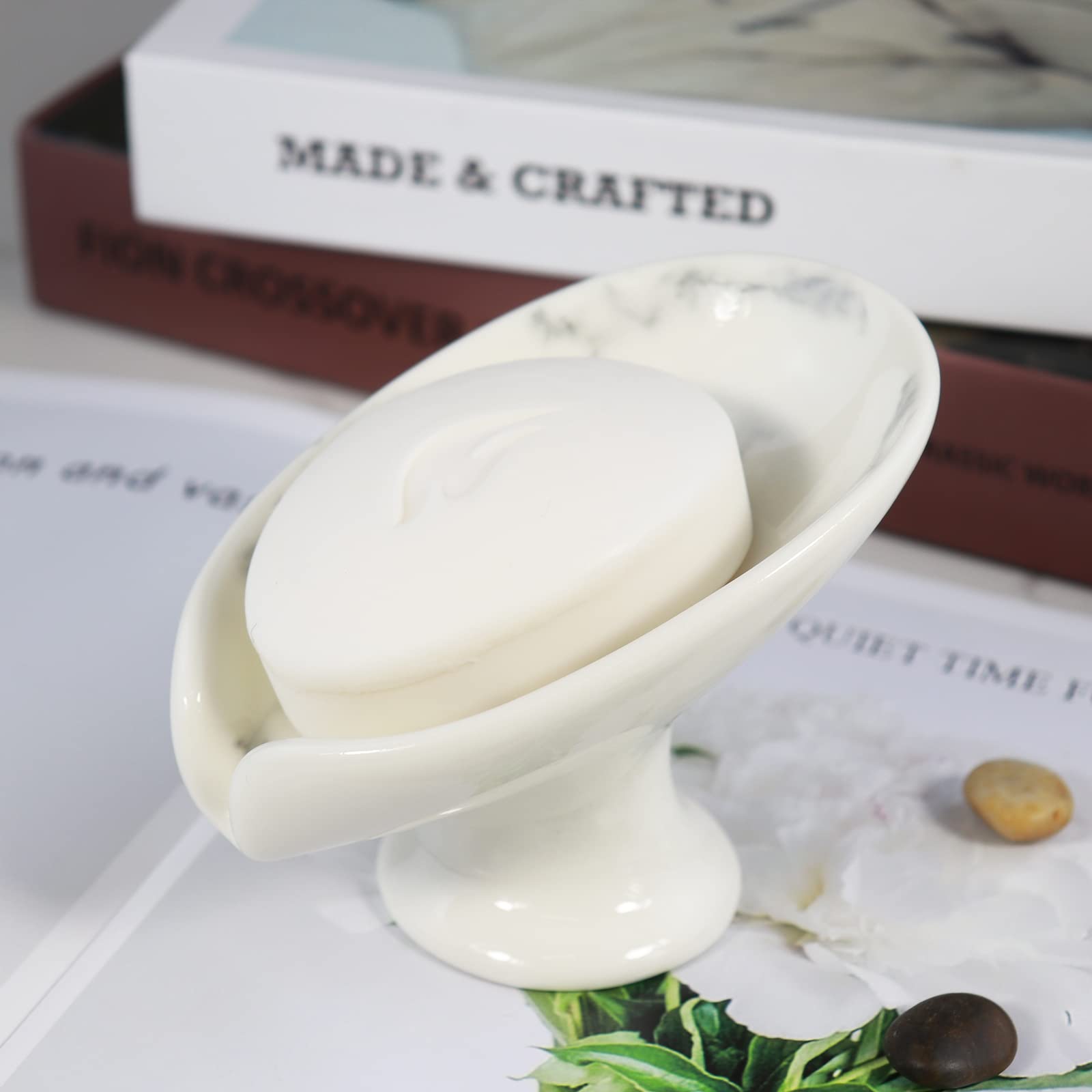 Polyroyal Self-Draining Soap Dish White Marble Ceramic Soap Holder Stand Style Waterfall Soap Dish Soap Savers for Bar Soap  for Bathroom  for Shower  for Bar Counter