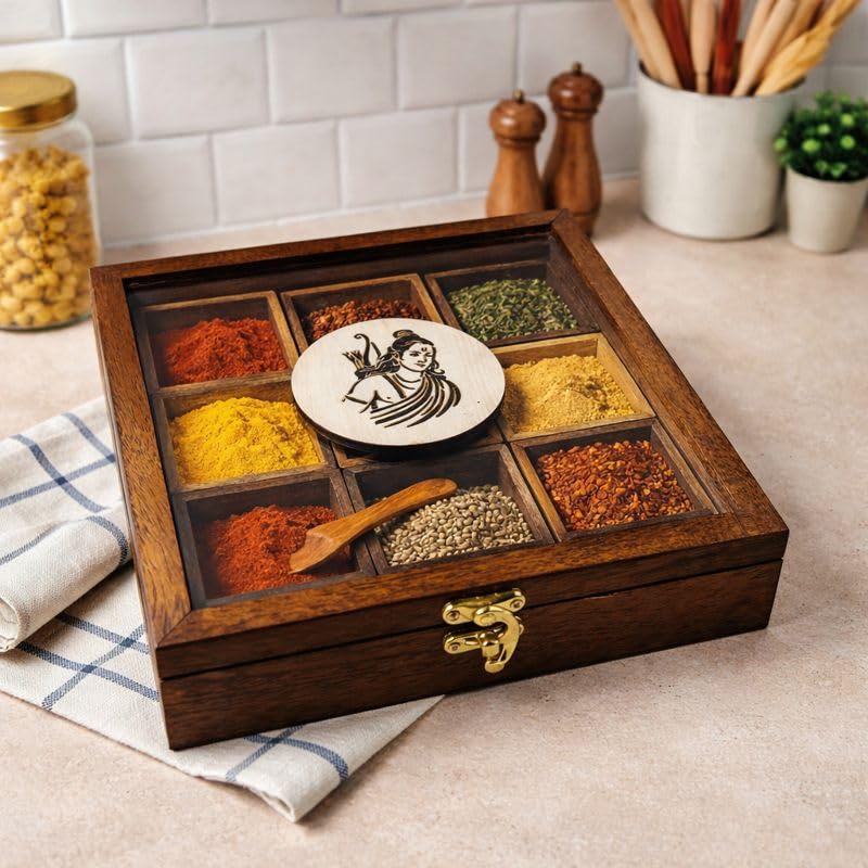 Espoir Bloom Spice Box With 1 Spoon  Babool Wood Masala Dabba Organizer For Kitchen  9 Containers  Decorative Handmade EbSpi
