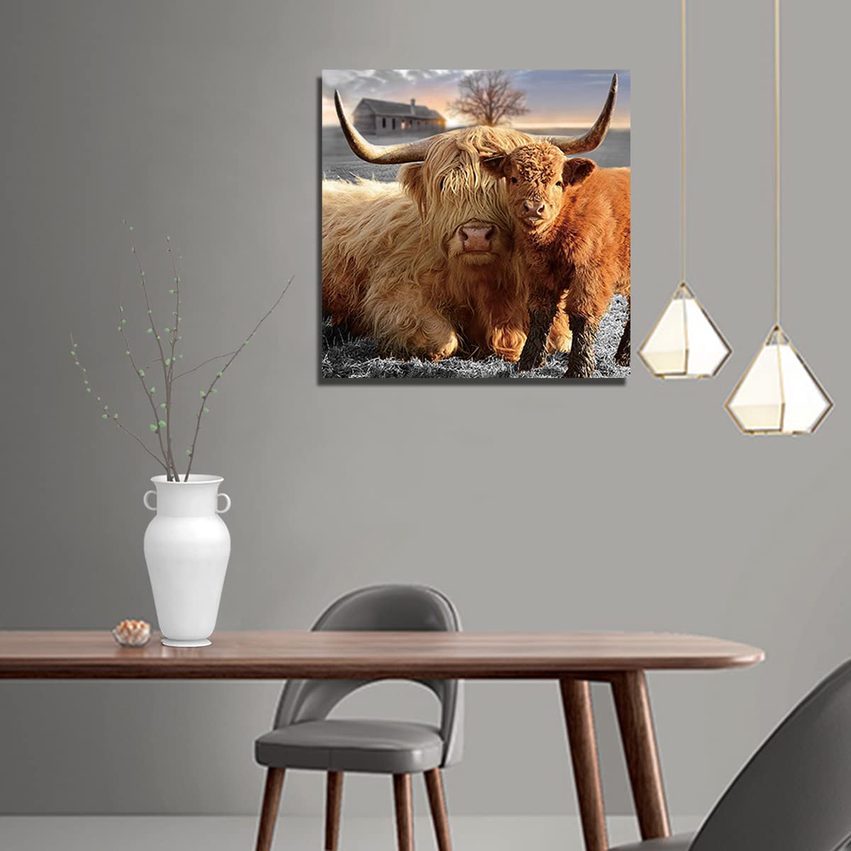 Highland Cow Canvas Wall Art Animal Print Pictures Highland Fluffy Cattle Photo Framed Farmhouse Painting 12X12 Inches For Home