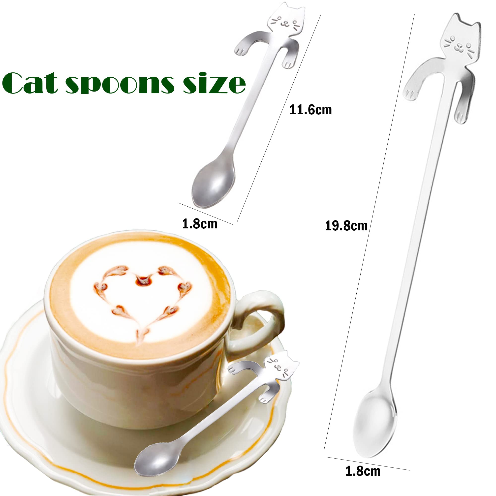 6 Pcs Cat Spoon Coffee Tea Spoon Set, Esrise Stainless Steel Hanging Cup Teaspoons Demitasse Mini Long Cute Kitten Spoon For Des