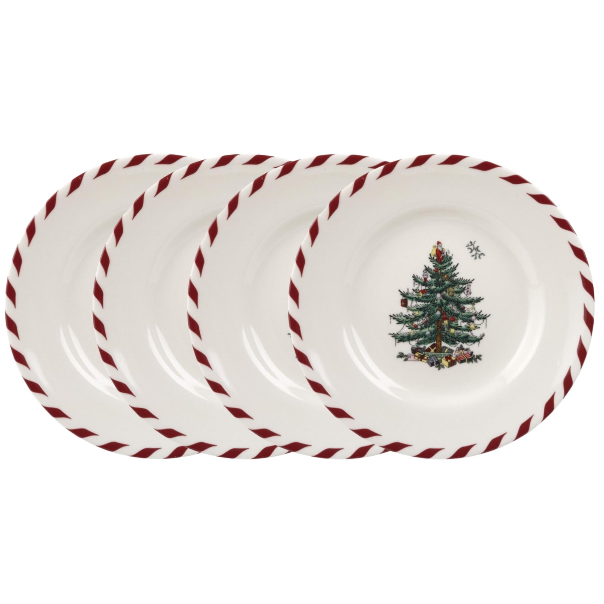 Spode Christmas Tree Canape Plates - Set of 4 | Peppermint Design, Holiday Appetizer Plate | Christmas Serving & Festive Dish | 