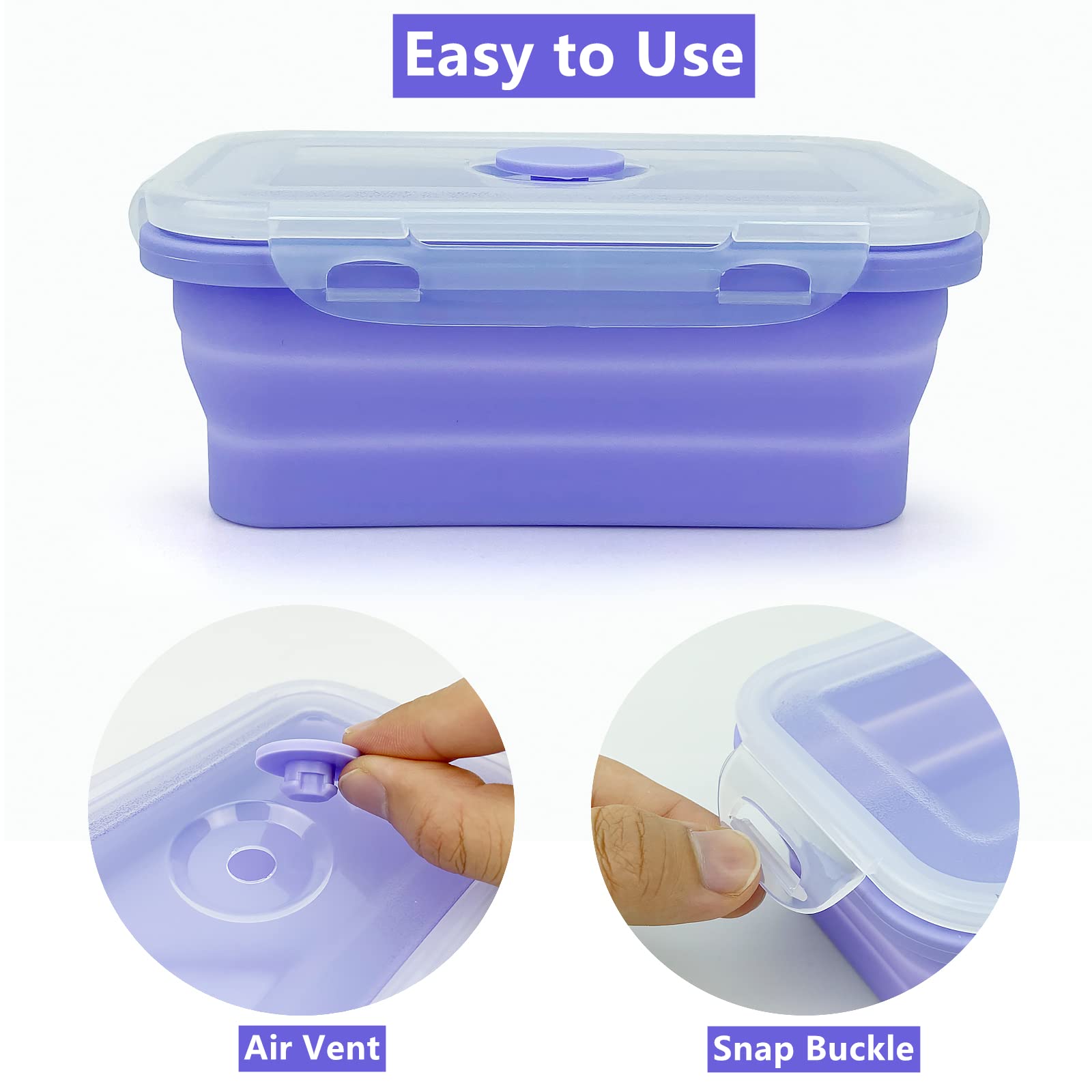Lunbengo Purple Collapsible Meal Prep Containers Camping Bowls Silicone Bento Box With Airtight Plastic Lid, Microwave Safe, Por