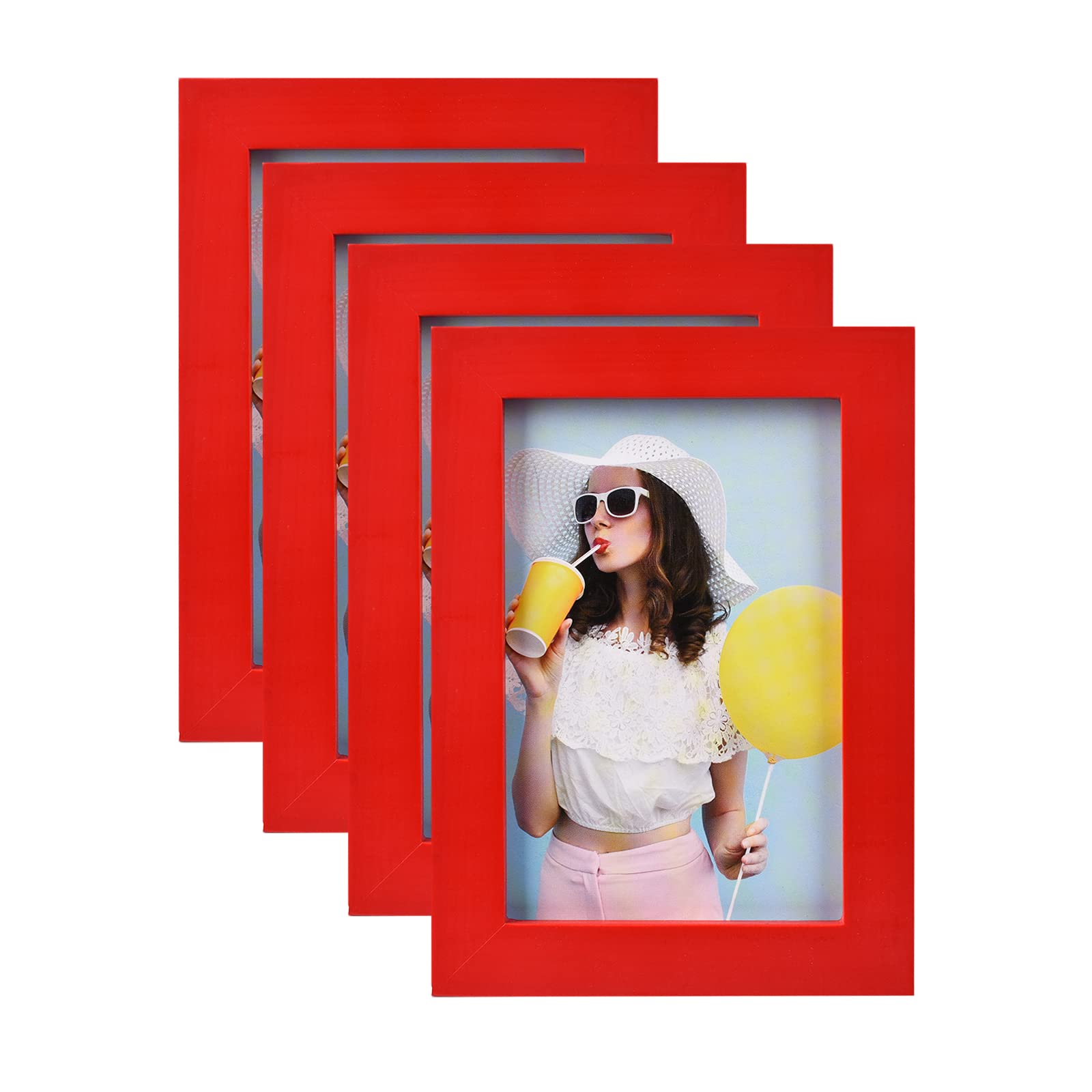 wyooxoo 4x6 Picture Frames Set of 4 Red Made Of Solid Wood Photo Frames Colorful Frame with HD Plexiglass For Tabletop Display o