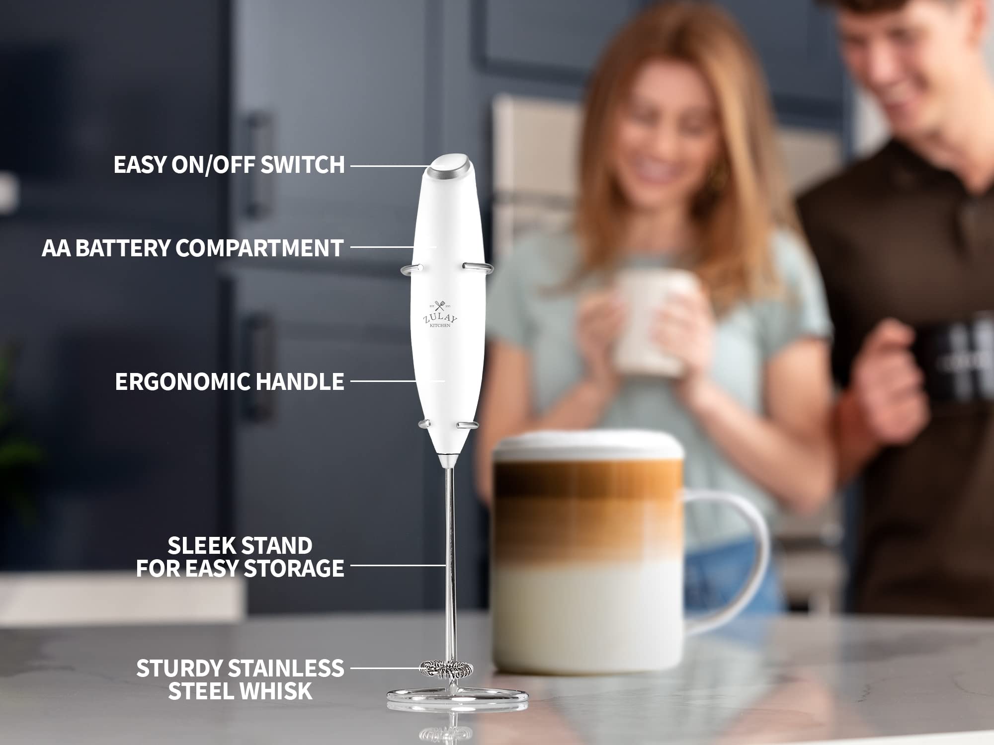 Zulay Milk Frother Complete Set Coffee Gift, Handheld Foam Maker For Lattes - Whisk Drink Mixer For Coffee, Mini Blender For Cap