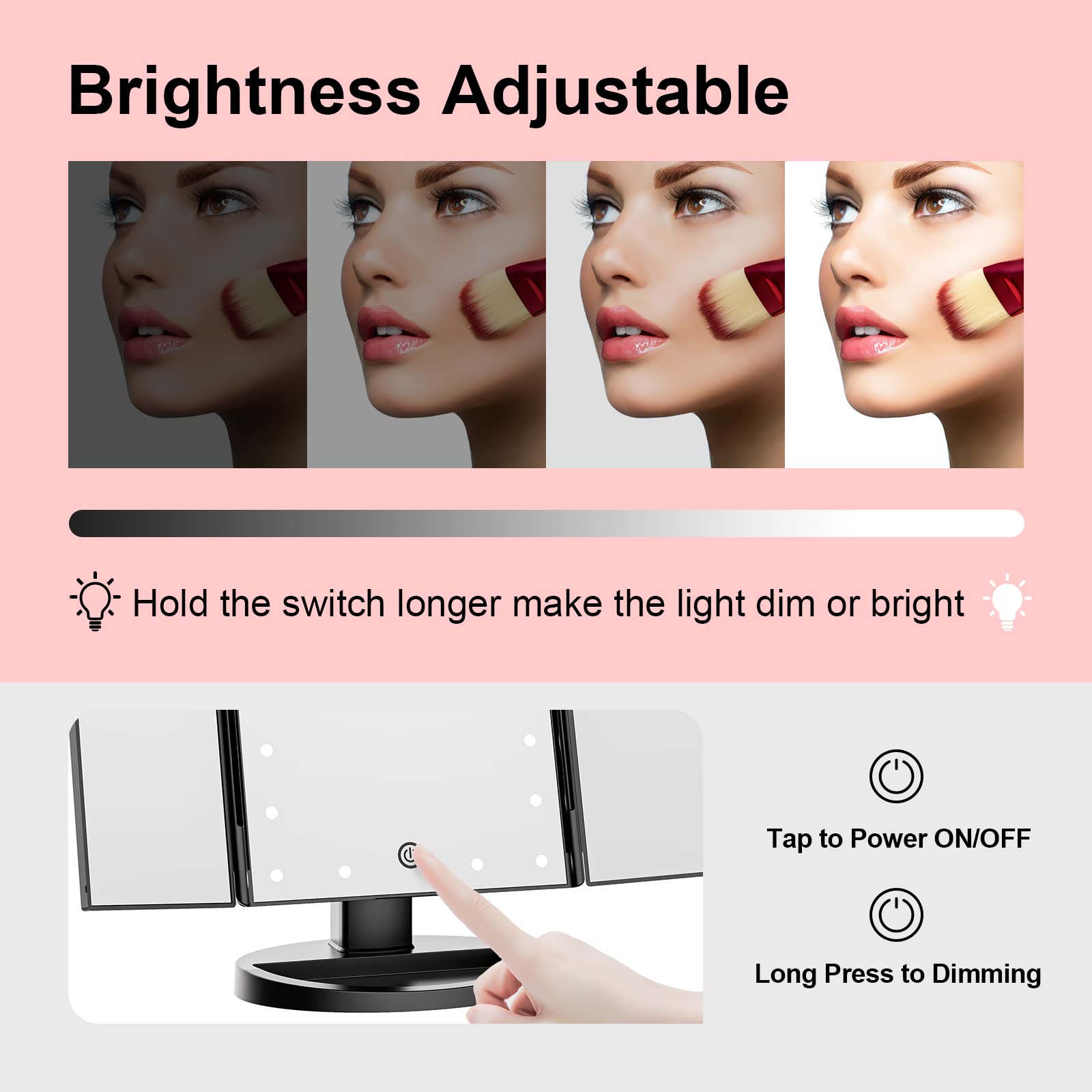 Eluosin Vanity Mirror With Lights, Lighted Makeup Mirror With 2X 3X 10X Magnification, 21 Led Trifold Compact Touch Dimming Ligh
