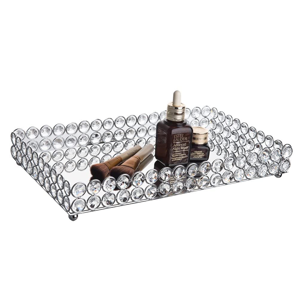 Feyarl Large Crystal Cosmetic Perfume Vanity Makeup Tray Mirrored Jewelry Trinket Rings Earrings Tray Organizer Storage Decorati