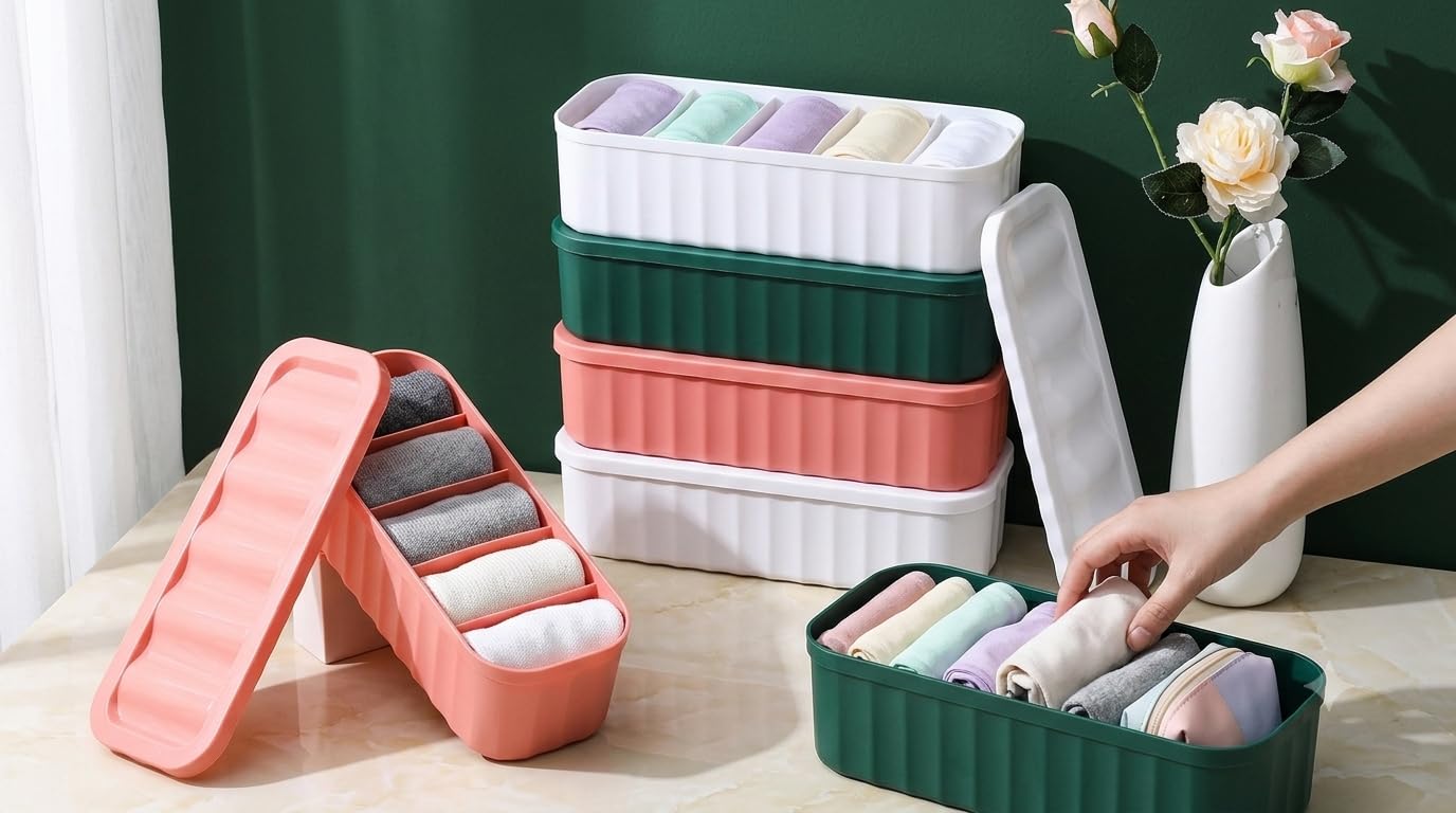 Nxtbuy Stackable Drawer Organiser With Lid, 5Compartment Storage Bin