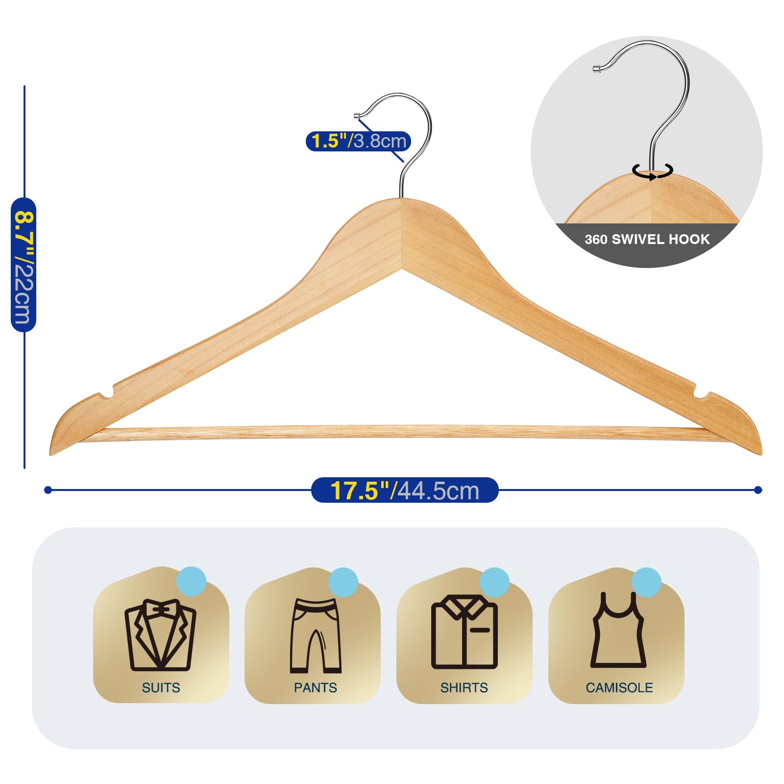 Korpai 24-Pack Wooden Hangers,Wooden Clothes Hangers With Smooth Shoulder Grooves,Suit Hangers With 360-Degree Rotatable Hook, D