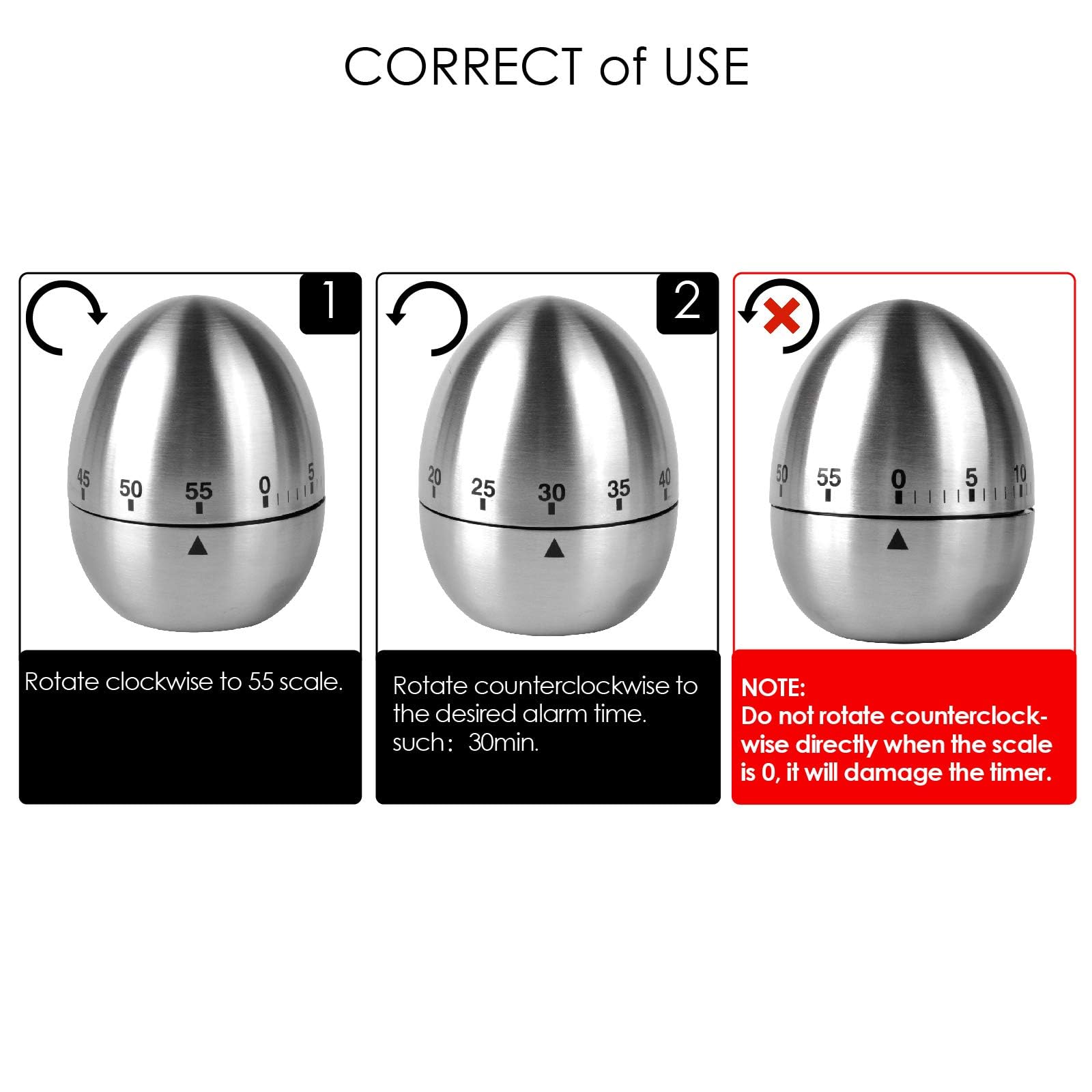 Jayron Jr-Wg015 Egg Kitchen Timer Stainless Steel Mechanical Rotating Alarm 60 Minutes Count Down Timer For Cooking Learning