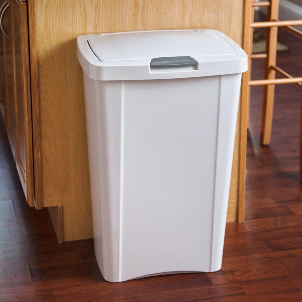 Sterilite 13 Gallon Touchtop Wastebasket W/ Lid, Opens With Touch, Trash Can For The Kitchen Or Mudroom, White, 4-Pack