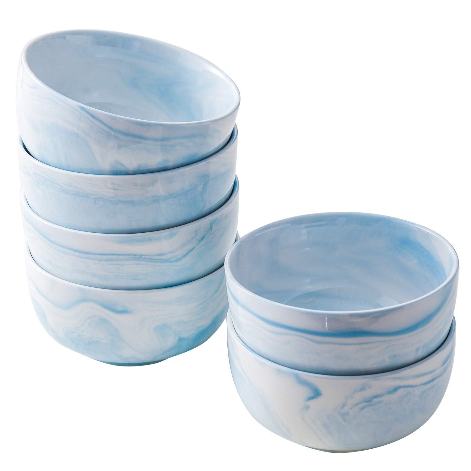 Yundu 14 Ounce Blue Marble Porcelain Bowls Ice Cream, Dessert, Cereal Bowls, Microwave And Dishwasher Safe, Set Of 6