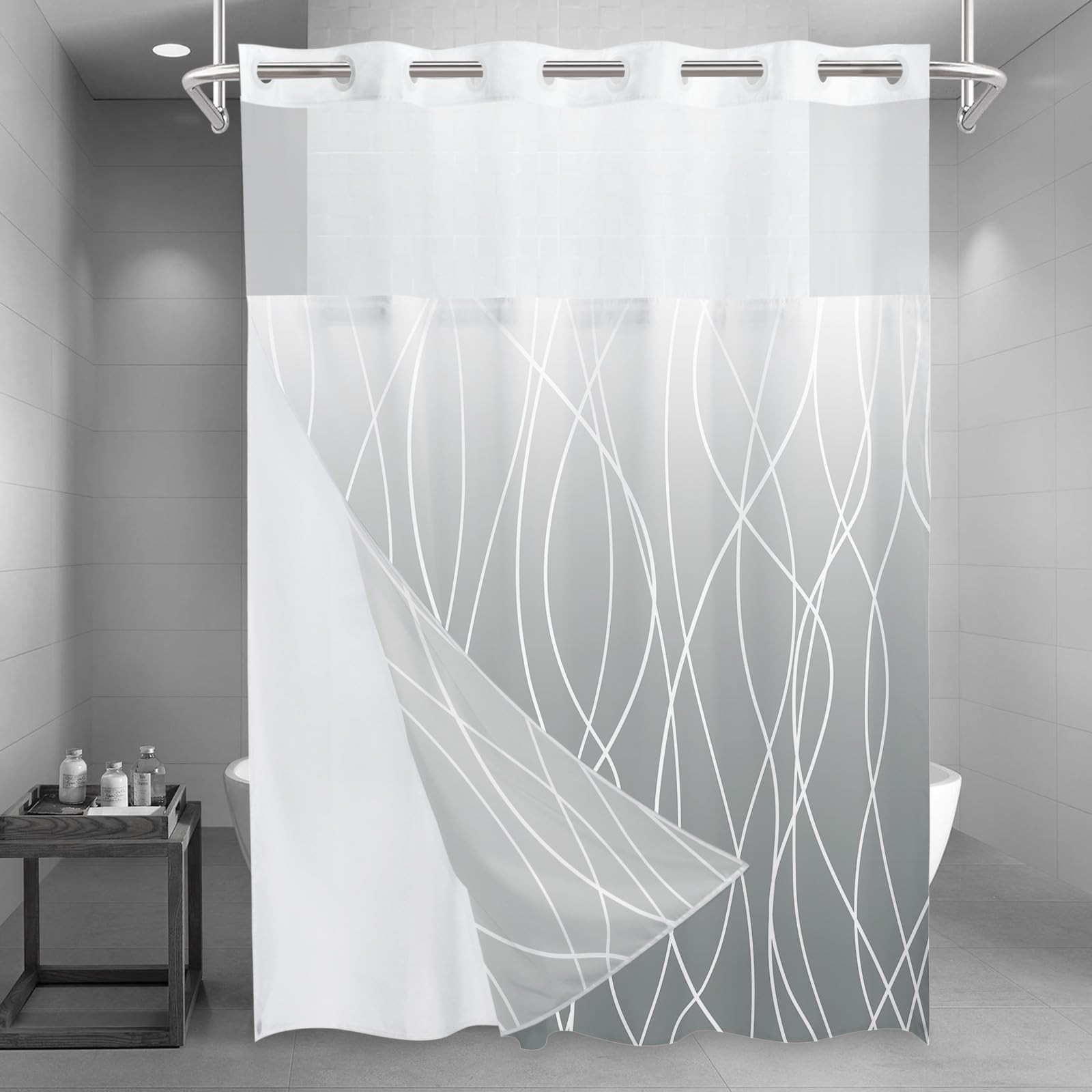 Lxbni No Hook Ombre Light Grey Striped Long Shower Curtain With Snap In Fabric Liner Set - Hotel Shower Curtain And Liner Set Wi