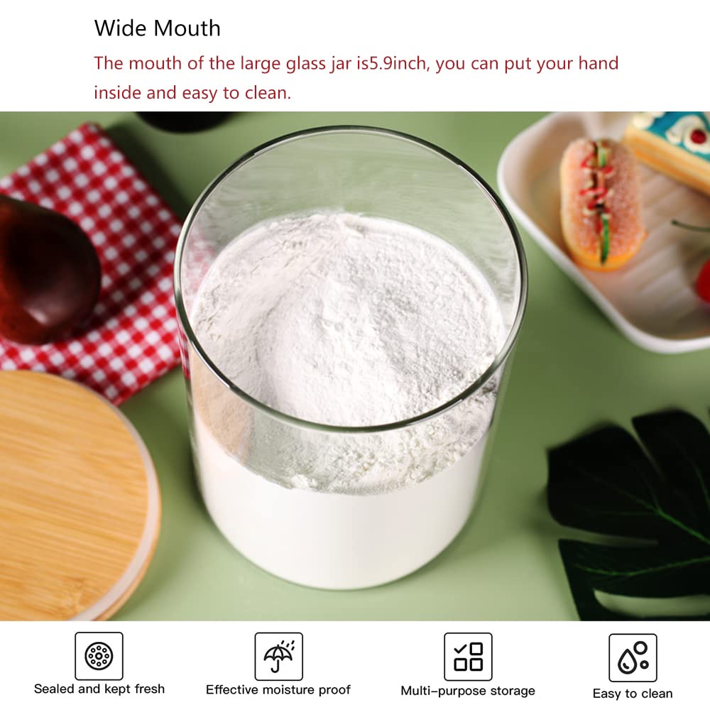 Czfwin Set Of 2 Glass Flour Container With Airtight Bamboo Lid, Large Food Jar With Wooden Lid For Storage Flour, Sugar, Cookies