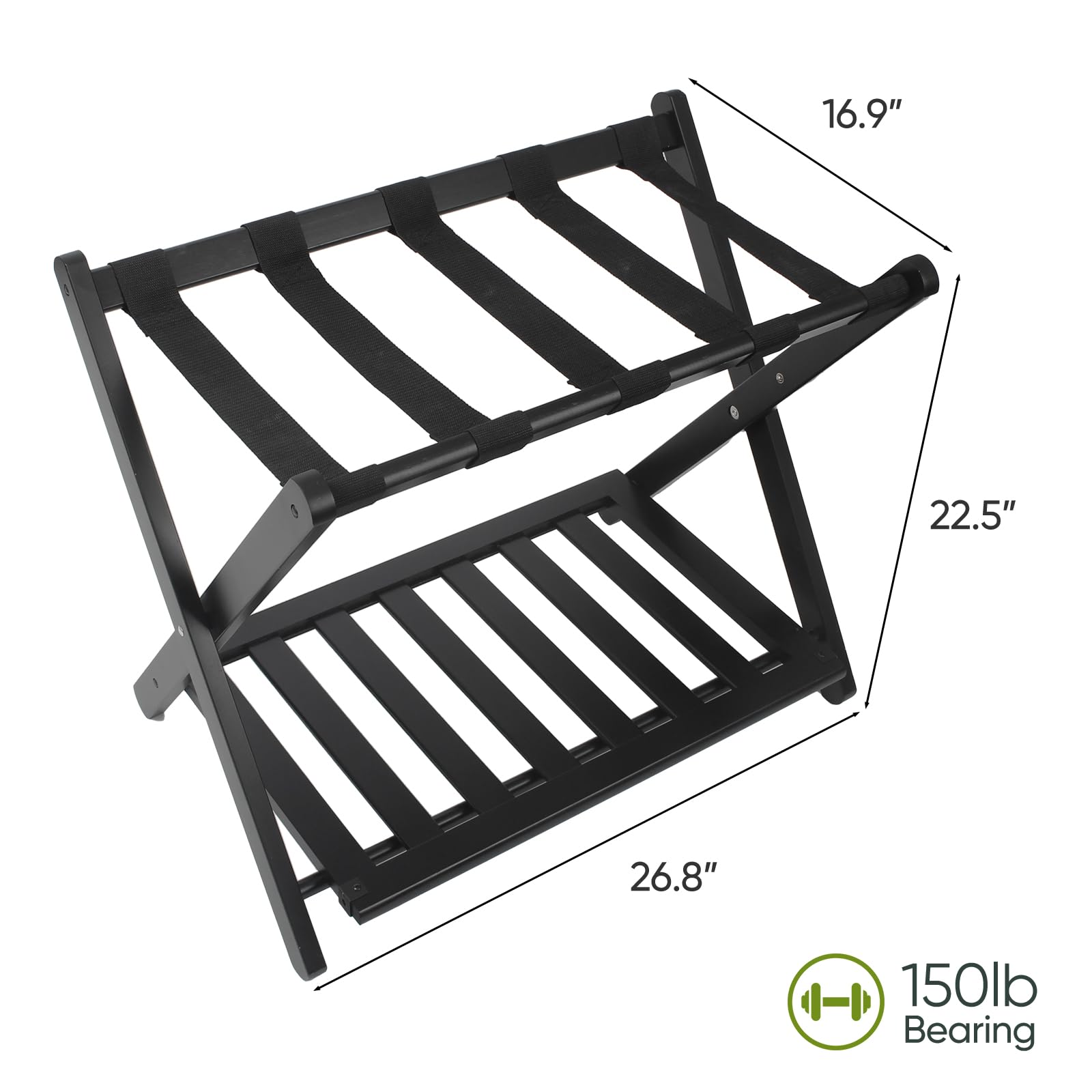 Smart Fendee 2 Pack Fully Assembled Black Bamboo Luggage Racks With Shoe Shelf, 5 Straps Folding Suitcase Stand, Heavy Duty Lugg