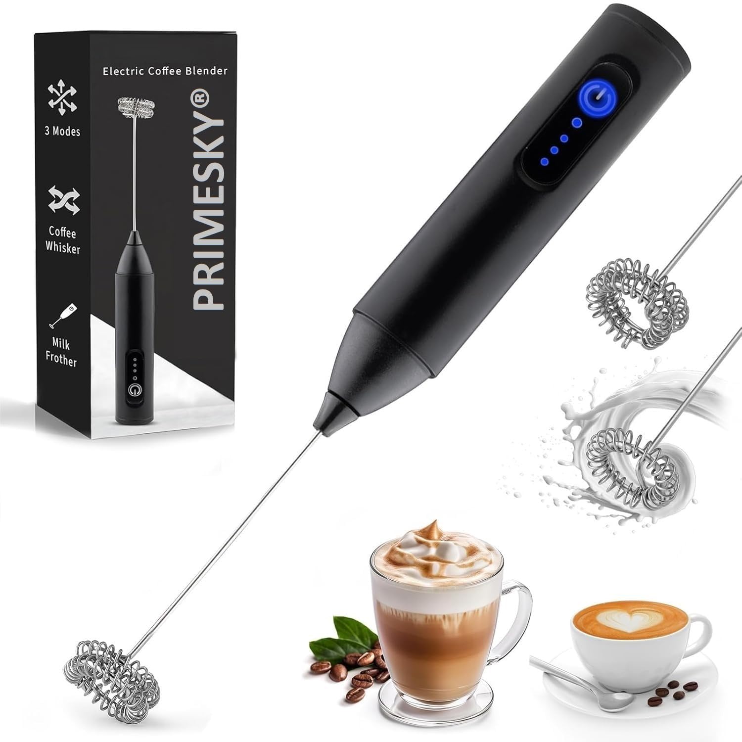 PrimeskyCoffee Frother Electric Blender Wand 3 Speed Modes Rechargable Mini Handheld Milk Frother With Stainless Steel Whisk Dri