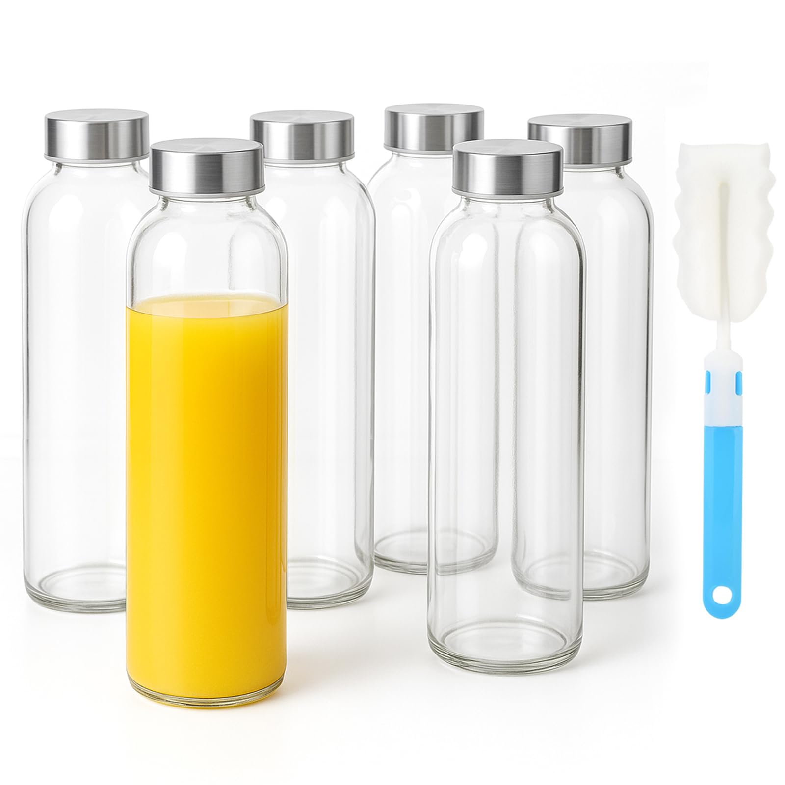 Sursip 24oz Glass Water Bottle Set of 6, Leak Proof Clear glass juice bottle for juicing, Reusable Drinking Bottles with Stainle