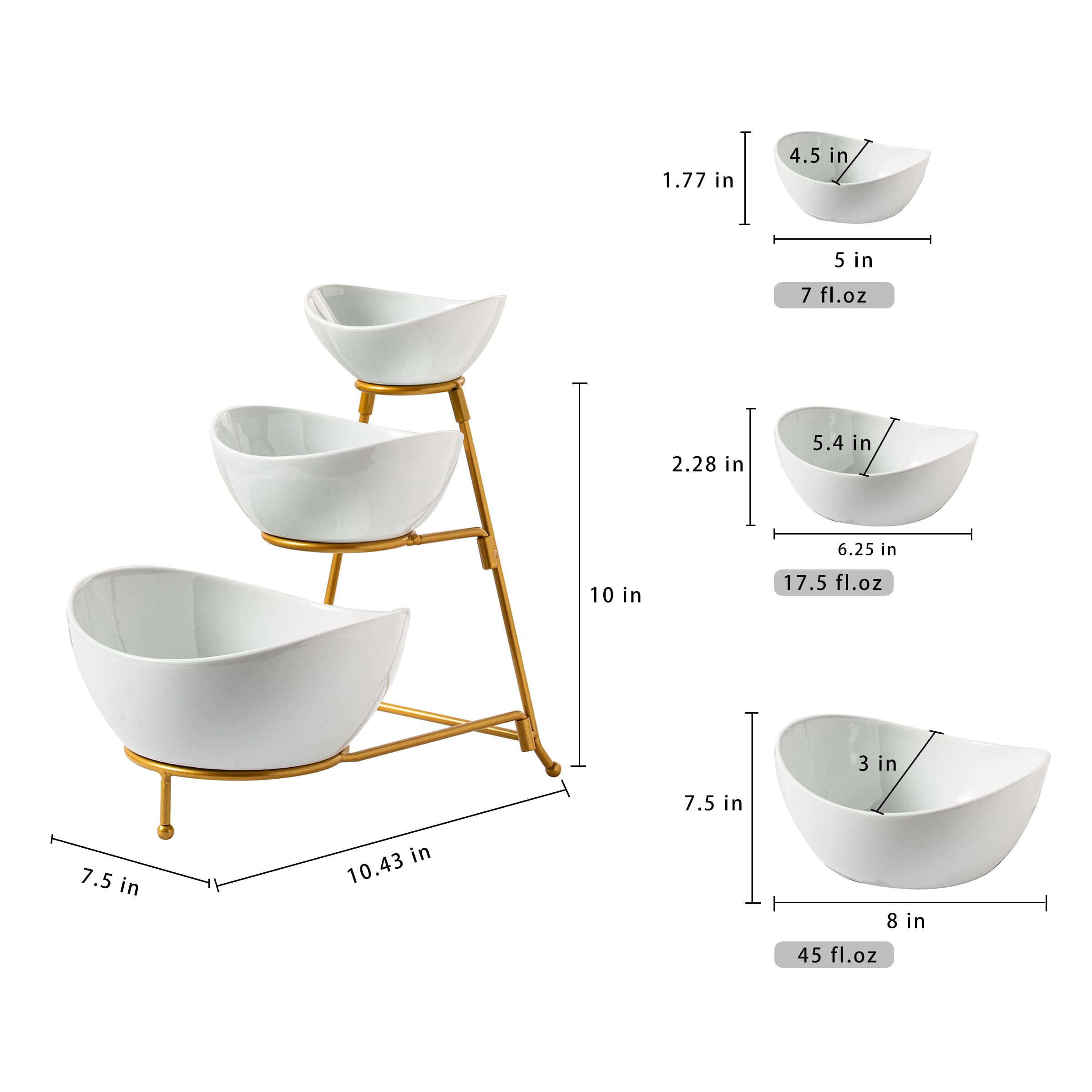 Gomakren 3 Tiered Oval Serving Bowl With Collapsible Metal Rack, Chip And Dip Serving Set, Dessert Appetizer, Candy, Fruit, Vege