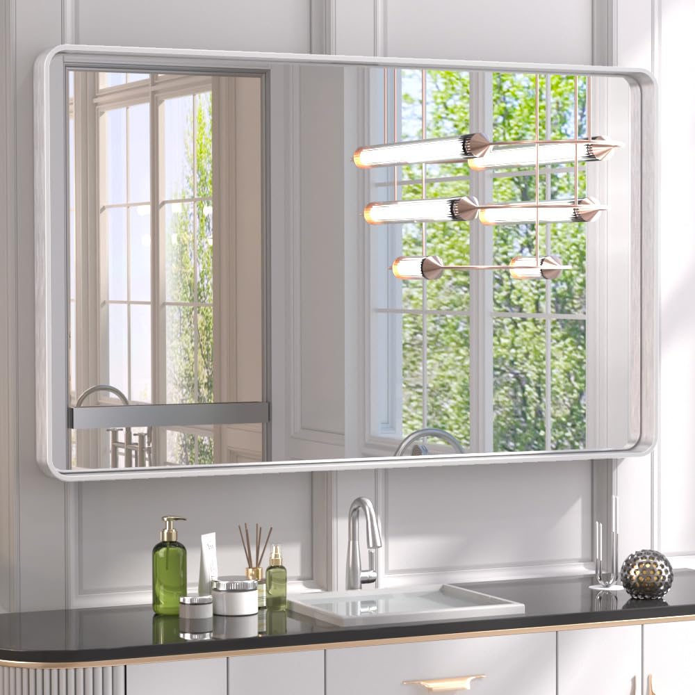 Tetote Silver Framed Bathroom Mirror, 40 X 24 Inch Matte Metal Frame Vanity Mirror, Modern Farmhouse Wall Mounted Rectangle Mirr