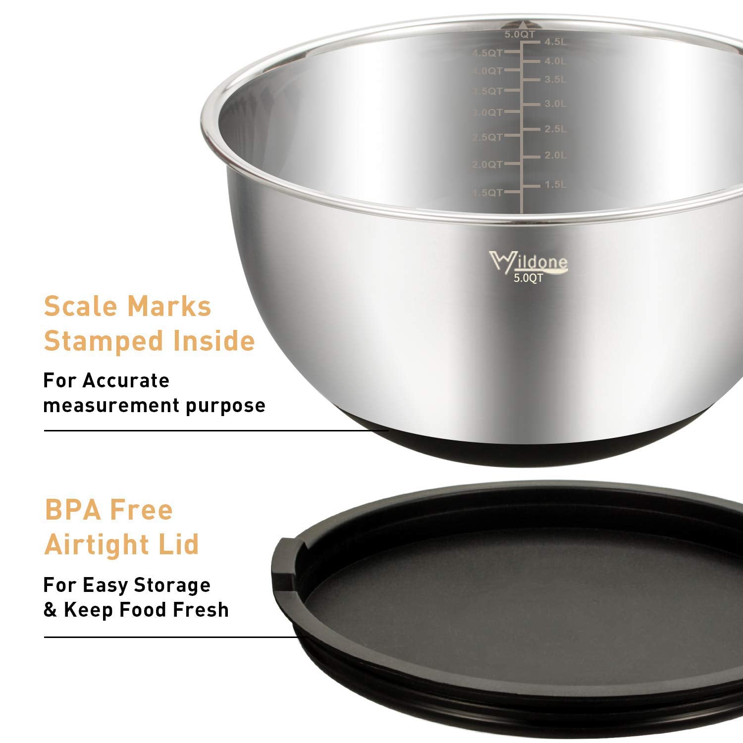 Wildone Stainless Steel Mixing Bowls Set, 5PCS with Airtight Lids & Grater Attachments, Nesting Bowls for Kitchen, Black, Model ZH06