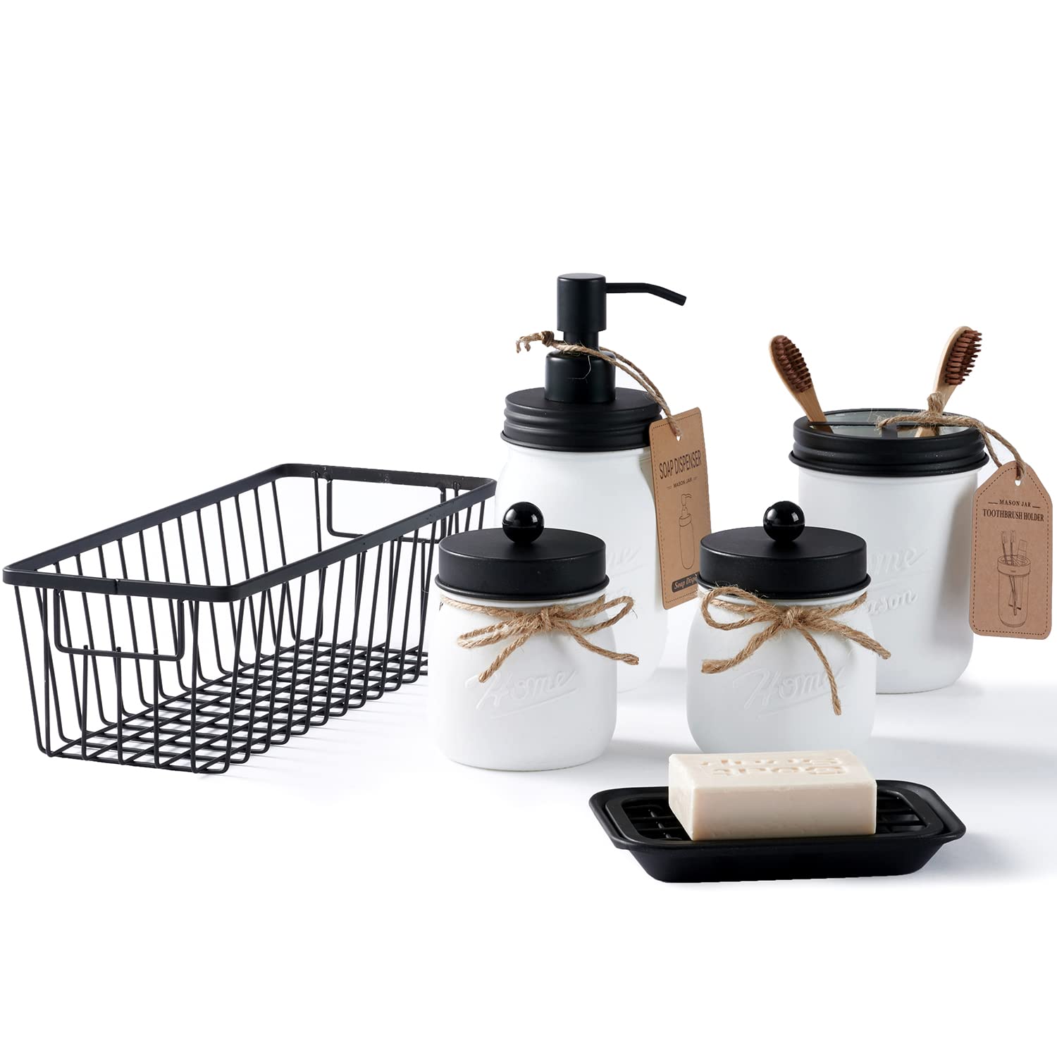 White Mason Jar Bathroom Accessories Set (6Pcs) - Lotion Soap Dispenser,Toothbrush Holder,2 Apothecary Jars, Soap Dish Tray,Stor