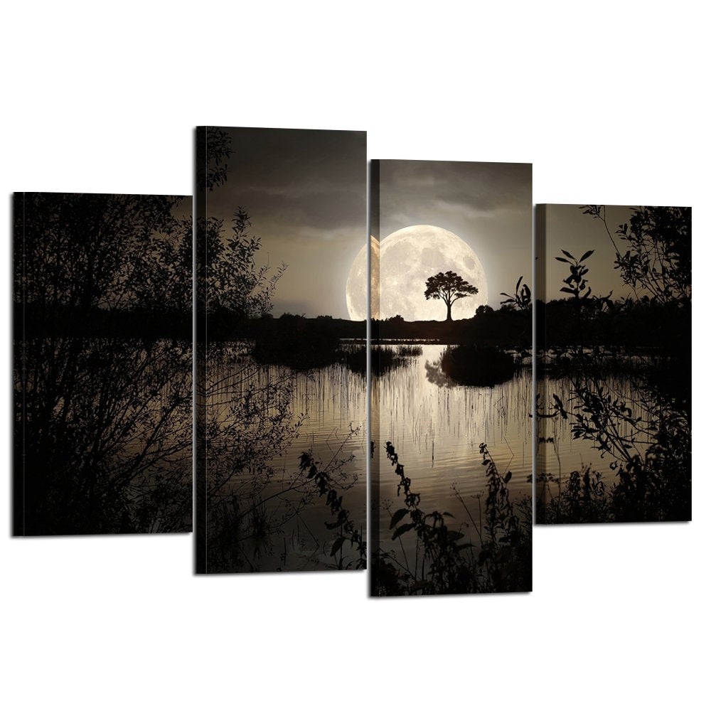 Kreative Arts - 4 Pieces Canvas Prints Wall Art Big Moon Over Lake In Dark Forest Modern Canvas Painting Landscape Picture Peace