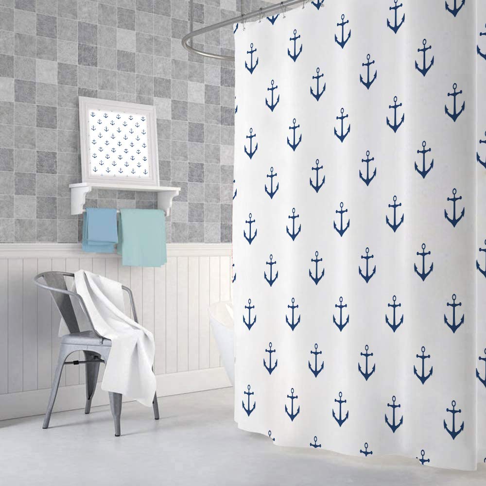 Dynh Nautical Anchor Shower Curtain For Bathroom, Navy Blue White Beach Coastal Beachy Fabric Shower Curtains Set Decorative, Oc