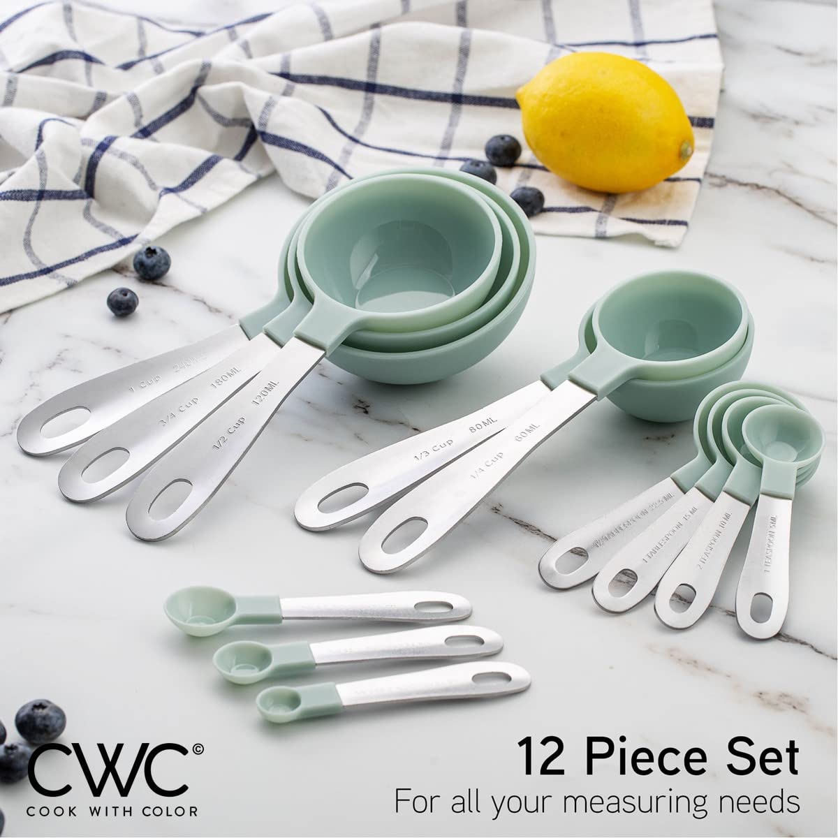 Cook With Color 12 Pc Measuring Cups Set And Measuring Spoon Set, Stainless Steel Handles, Nesting Kitchen Liquid/Dry Measuring