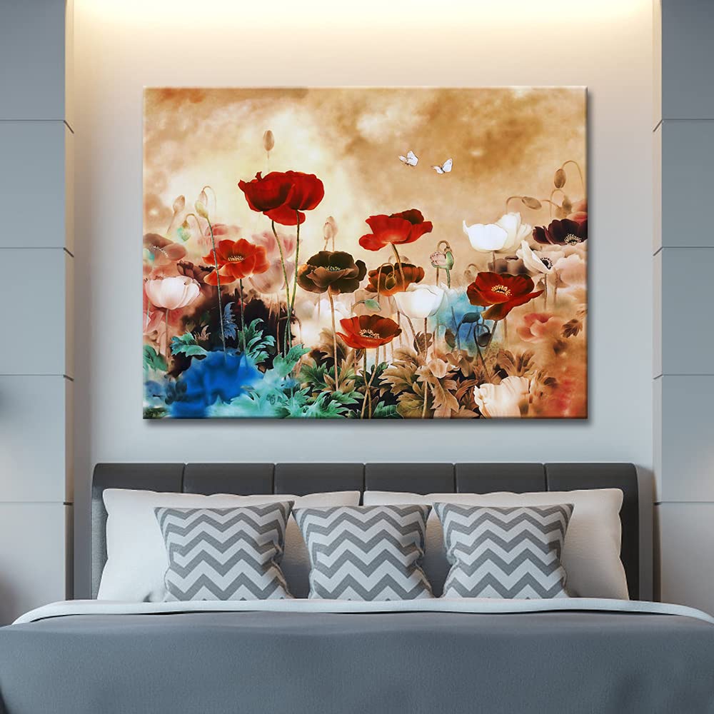 Wieco Art Blooming Poppies Extra Large Modern Gallery Wrapped Contemporary Flowers Giclee Canvas Print Floral Paintings Reproduc