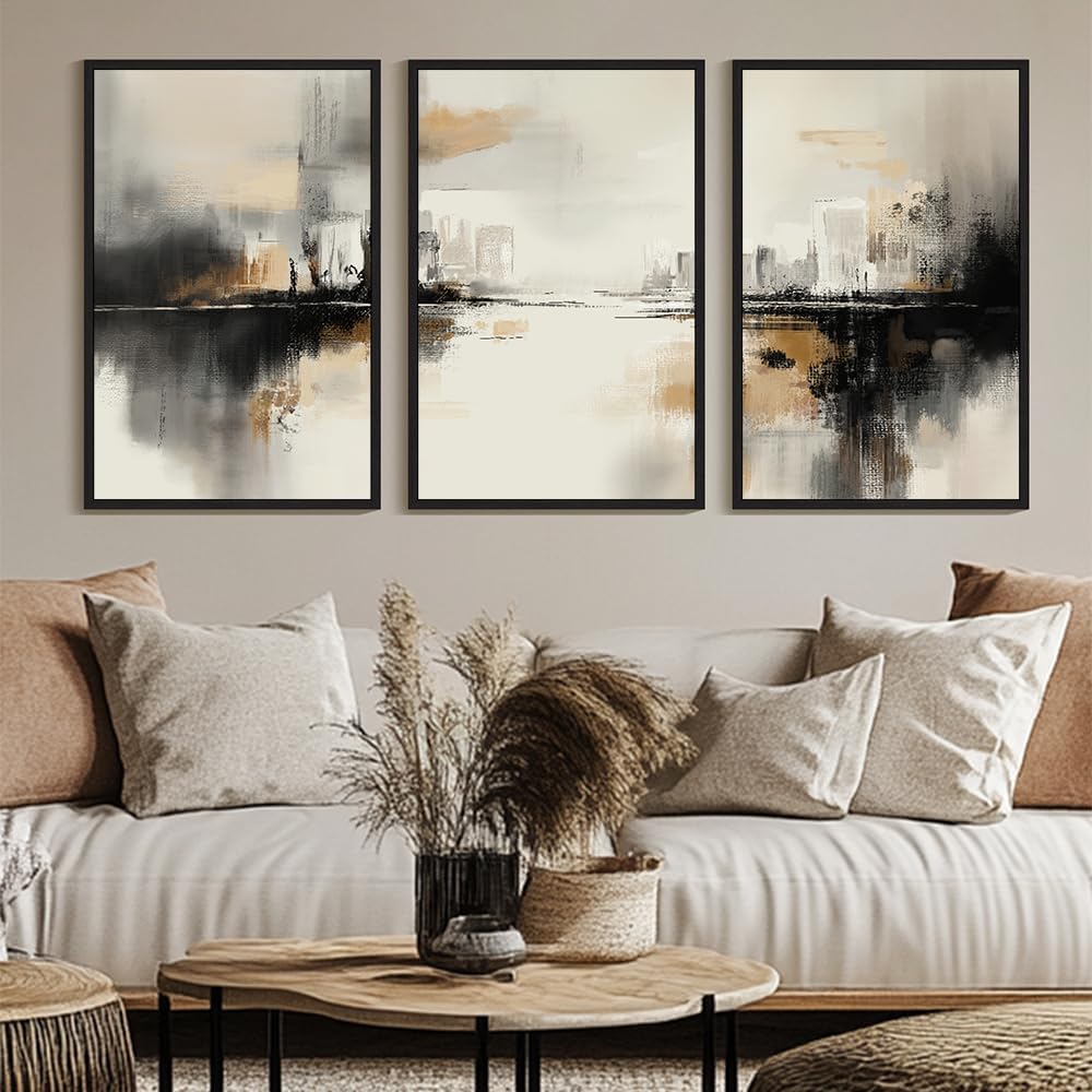 Phopago Black Gray Abstract Landscape Framed Wall Art Large 24X36In Brown Tan Neutral Wall Decor Minimalist Modern Prints Home D