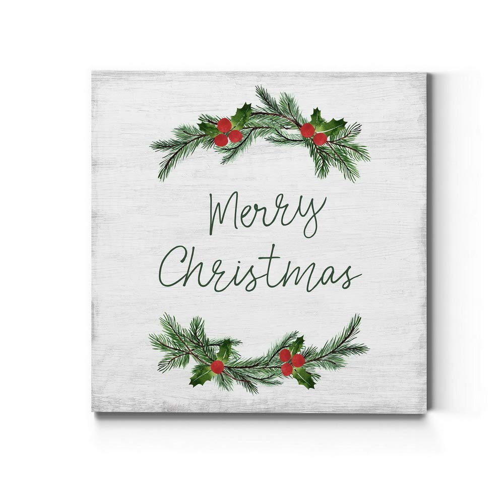 Renditions Gallery Merry Christmas Wall Art, Charming Winter Artwork, Festive Green Pine Needles & Holly Leaves, Premium Gallery