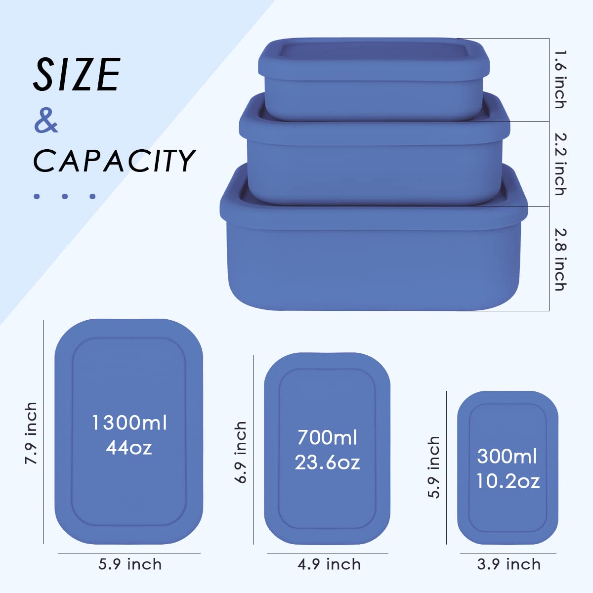 Keweis Silicone Food Storage Containers, Set Of 3 Silicone Bento Lunch Box Containers With Lids, Hard-Shell Silicone, Airtight,