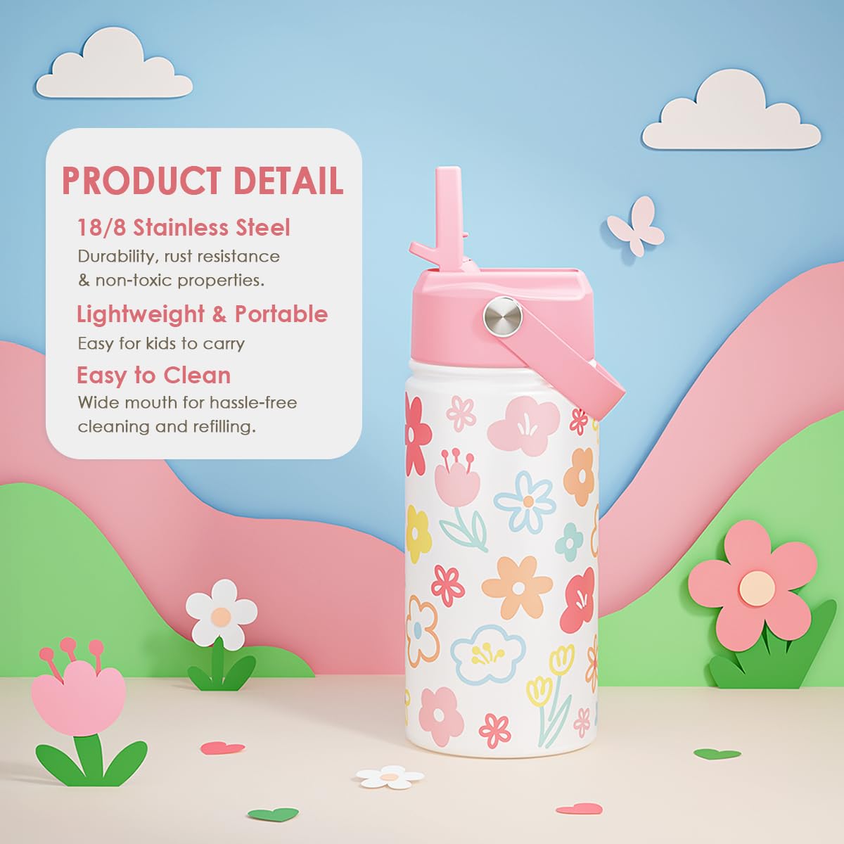 Kids Water Bottle Stainless Steel with Straw Lid, Floral Water Bottle 12oz, Travel Tumbler, Gifts for Girls, Birthday, Christmas