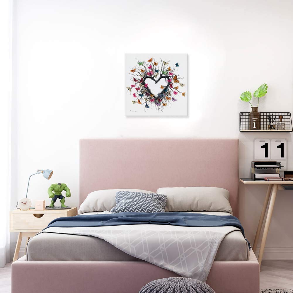 Yidepot Butterfly Canvas Print Wall Art For Bedroom: Heart Shaped Branches Surrounded By Colorful Butterflies Love Themed Pictur