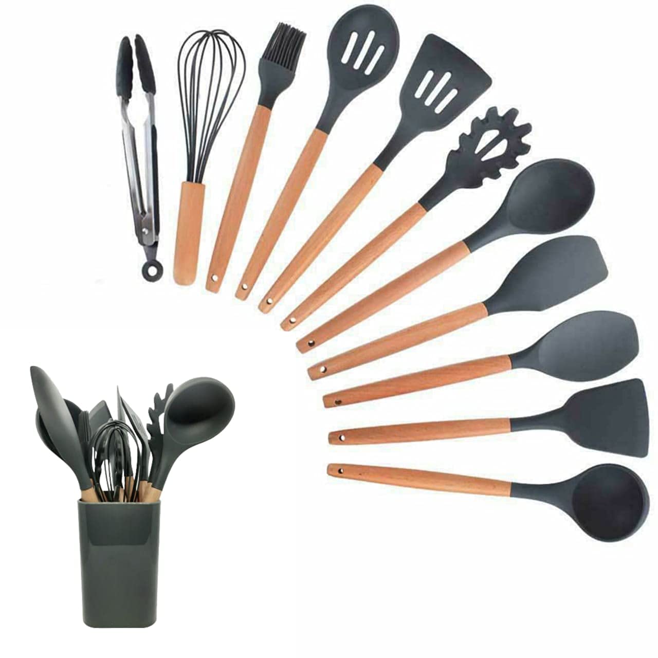 Aadcart Silicone Kitchen Spoon Utensil Set, 11 Piece (Grey)