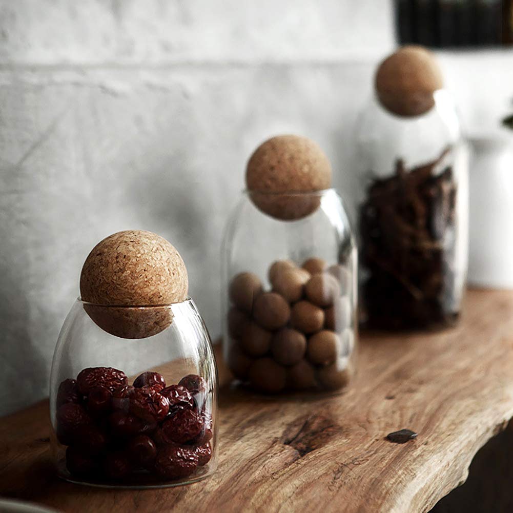 Moladri 500Ml/16Oz Clear Glass Storage Cute Canister Holder Ball Wood Cork Top, Modern Decorative Cylinder Container Jar With Ro