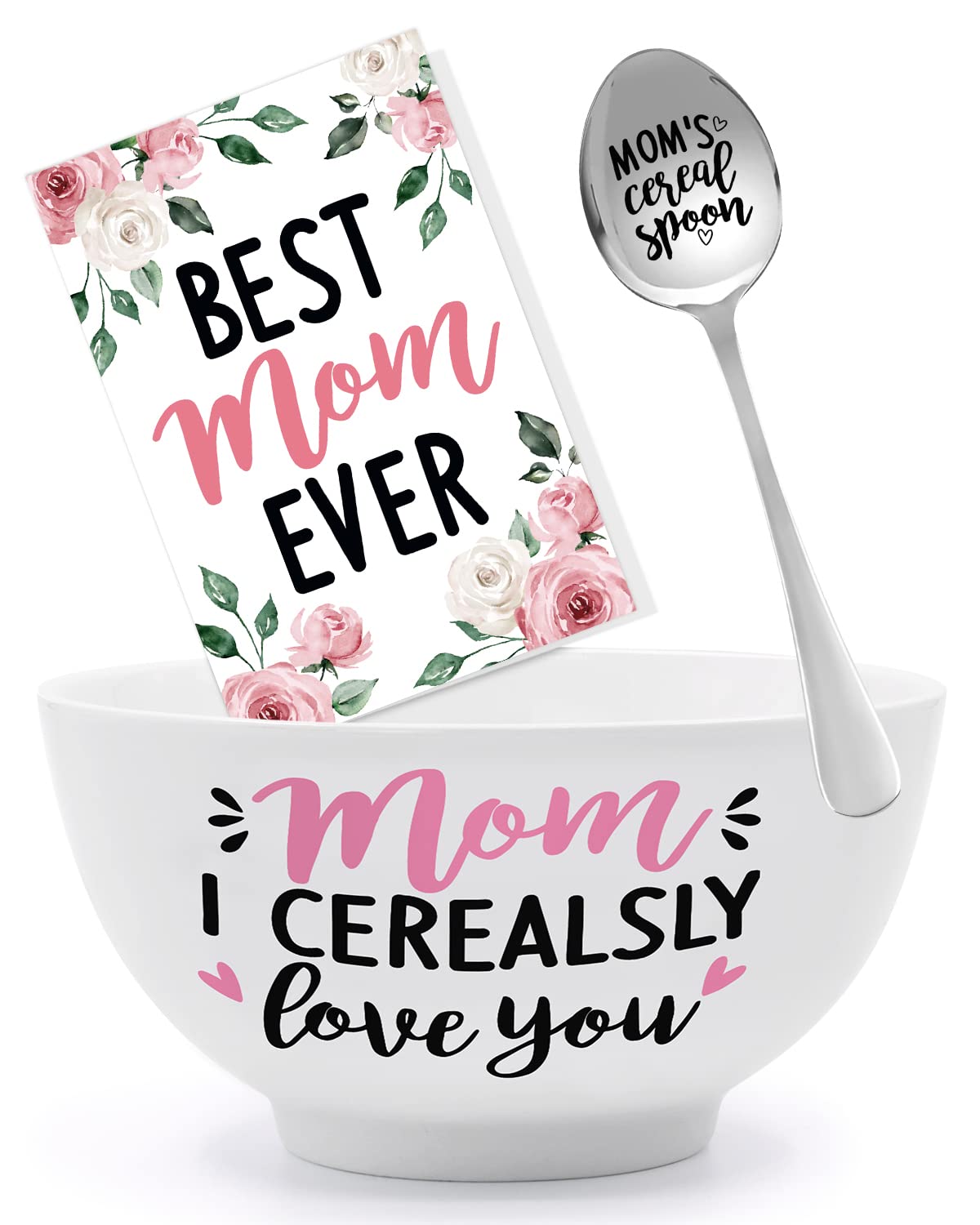 Mom'S Cereal Bowl And Spoon Set With Best Mom Ever Greeting Card Christmas Mother'S Birthday Engraved Gift Box Basket Idea For H