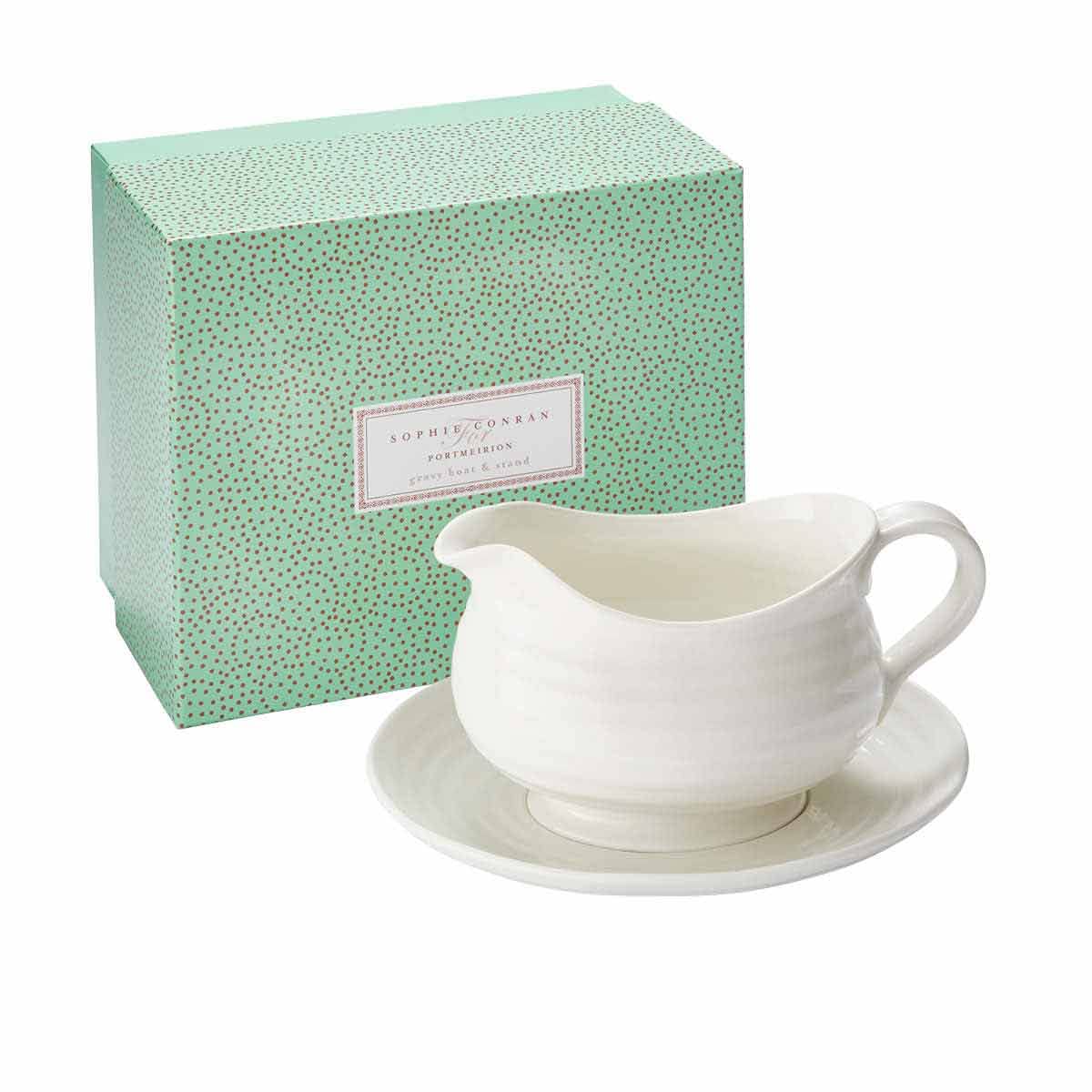 Portmeirion Sophie Conran White Gravy Boat And Stand | 24 Oz Sauce Boat For Gravy, Sauces, And Salad Dressings | Made From Fine