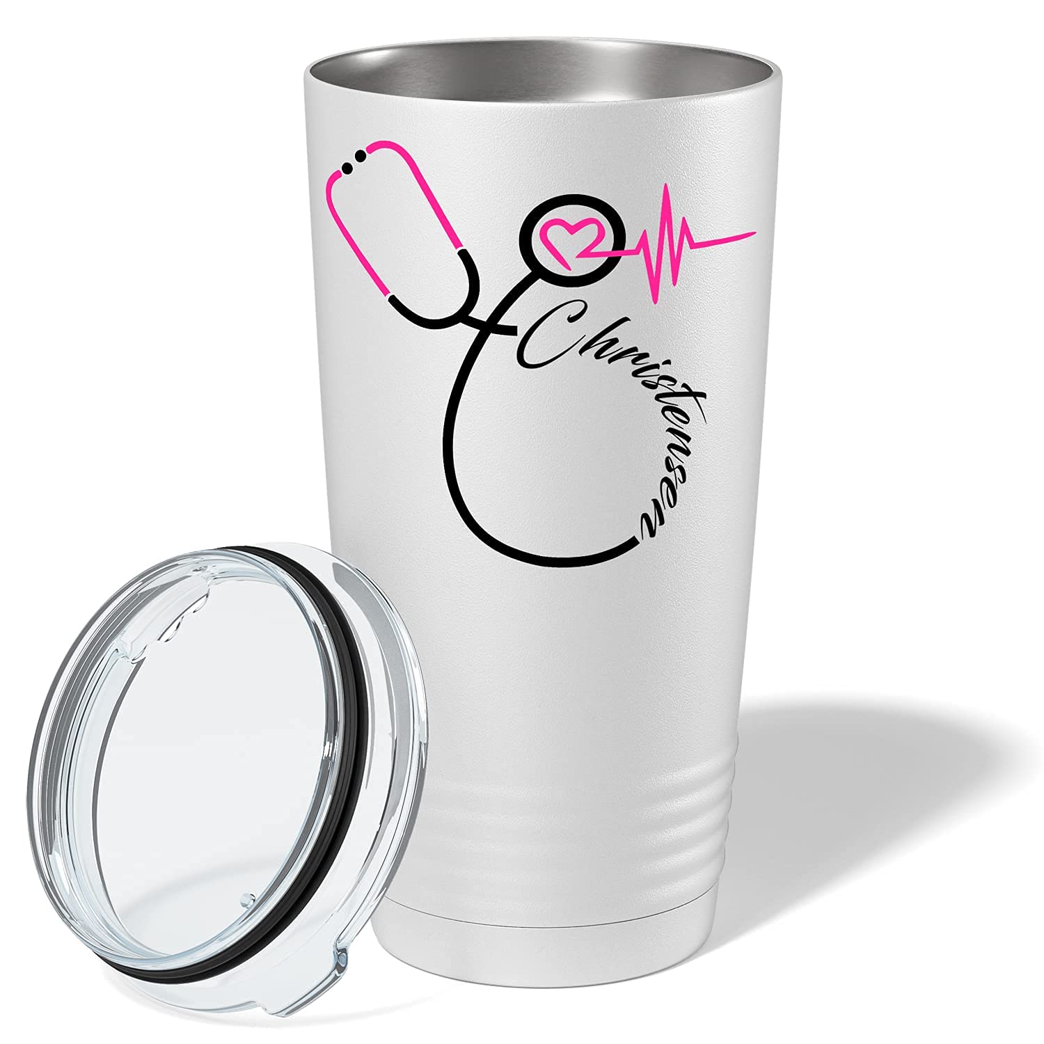 Cuptify Personalized Nurse Pink Stethoscope White 20 Oz Stainless Steel Nurse Tumbler Gift